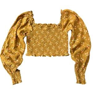 Aerie Floral Smocked Crop Top Peasant Prairie Cottagecore Boho Brown Womens XS‎